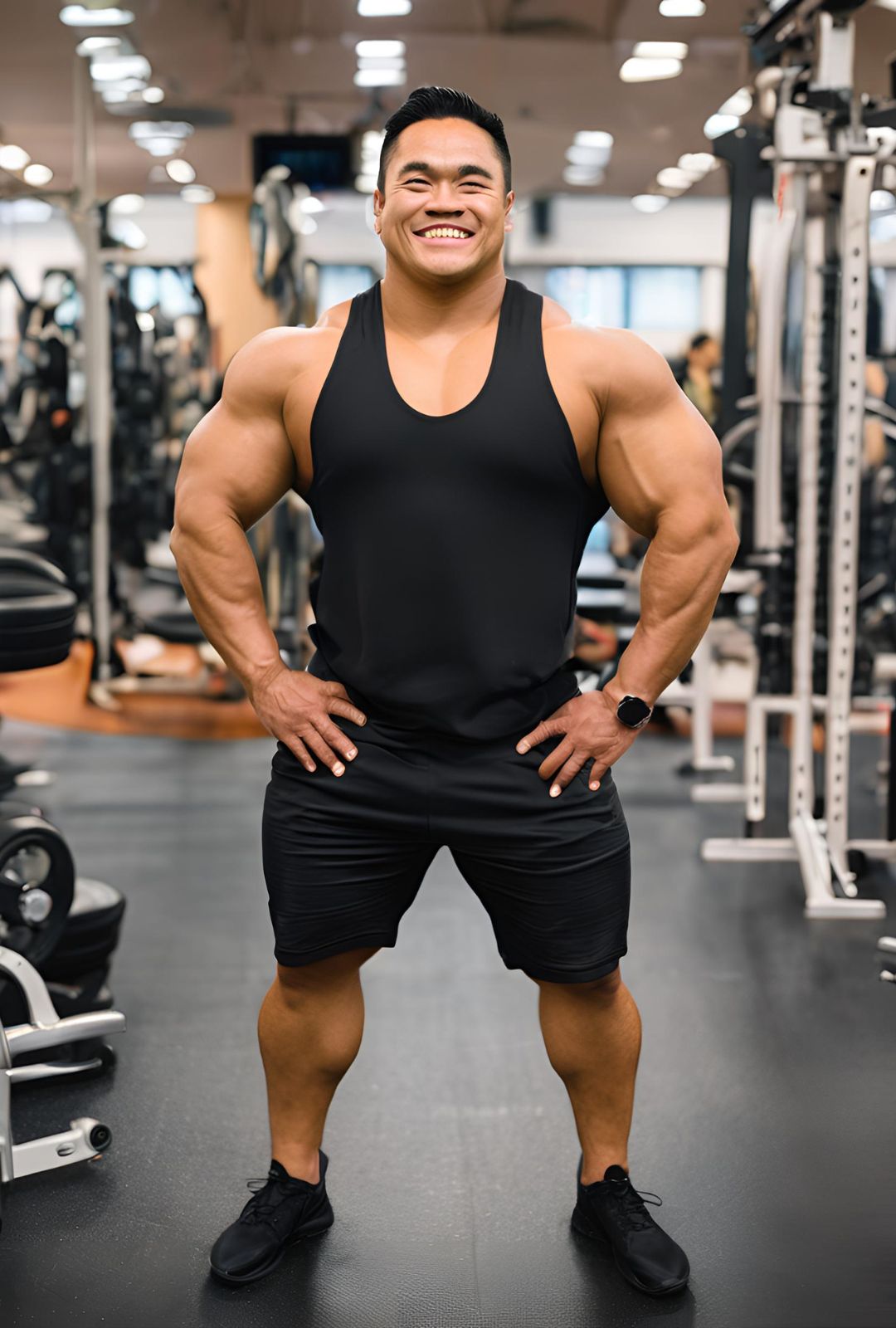 Body Builder Man in Black Clothes smiling at Gym